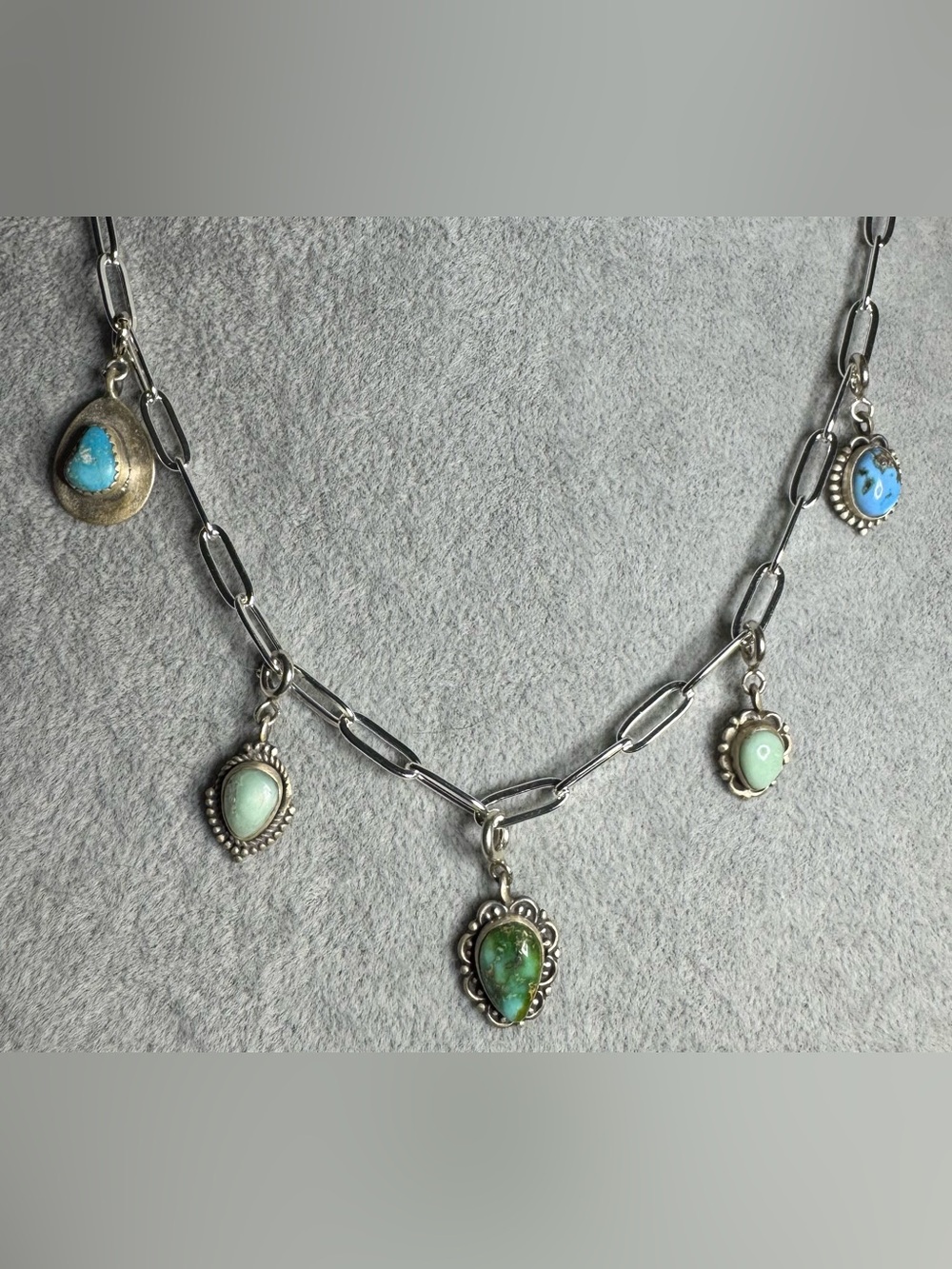4mm Sterling Paperclip Chain With Five Interchangeable, Turquoise Charms